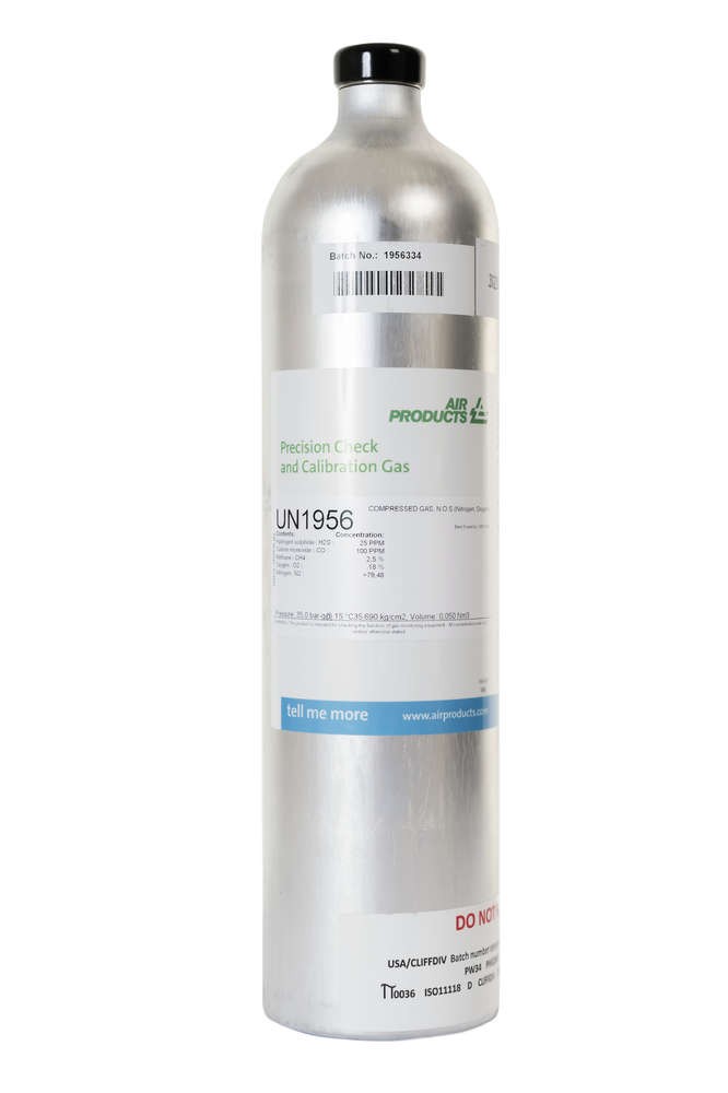Prüfgas 58 l Flasche 25 ppm H2S / 100 ppm CO / 2.2 % CH4 / 18 % O2 in Stickstoff